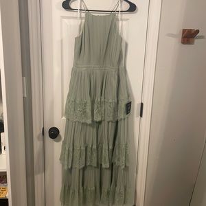 Lulu’s Sage Green Pleated Tiered Lace Dress